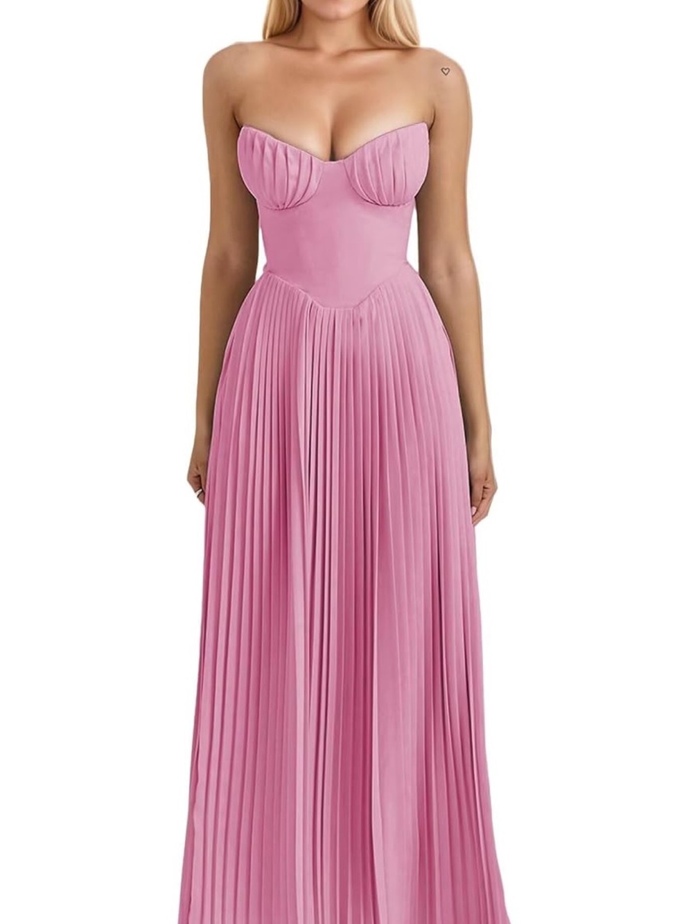 Strapless Corset Pleated Maxi Dress - Pink